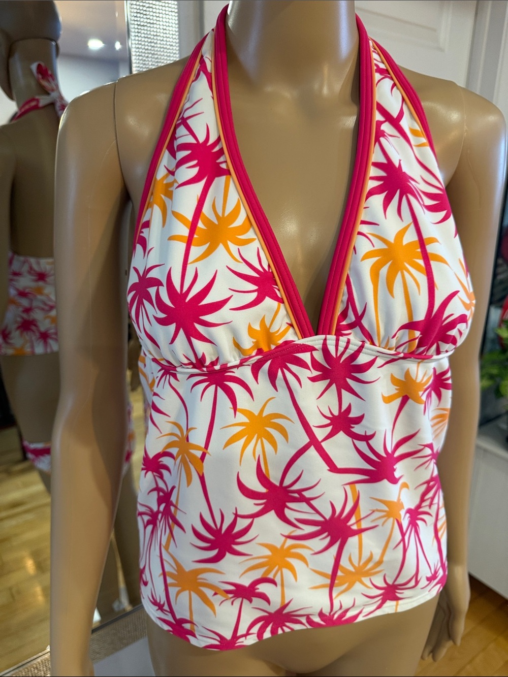 La Vie En Rose Pink & Orange Palm-Print Halter Tankini Top
